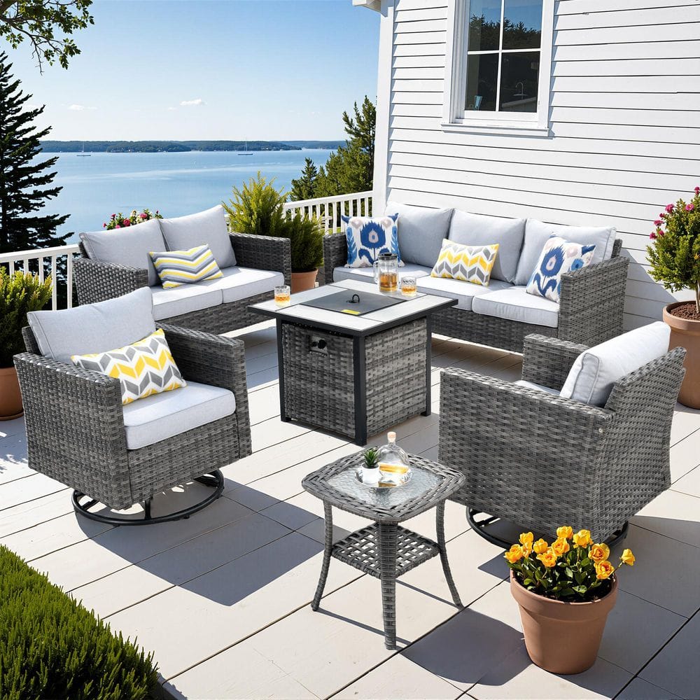 Pearl 6 Pieces Wicker Outdoor Patio Square Fire Pit Set and Swivel Rocking Chairs with Navy Blue Cushions price history on PriceWatchPro