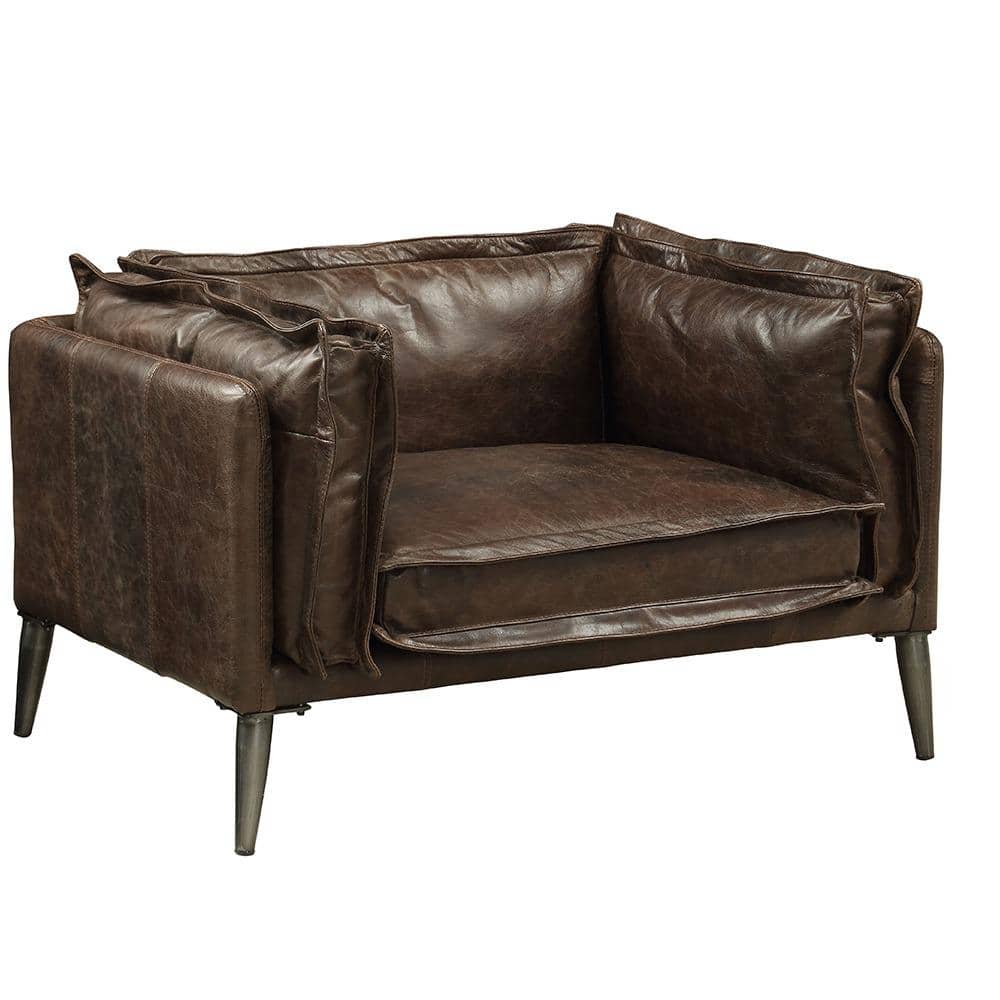 Distressed Brown Leather and Wood Accent Chair
