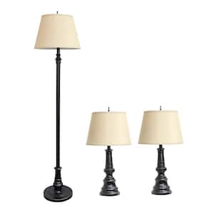 60 in. Restoration Bronze Oxford Classic 3 Piece Metal Lamp Set (2 Table Lamps, 1 Floor Lamp) with Tan Fabric Shades