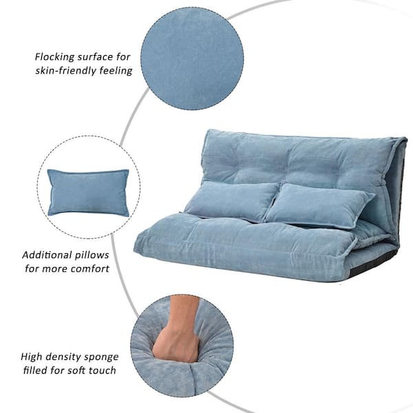 ANBAZAR 43.3 in. Armless Polyester Upholstered Rectangle Sofa, Adjustable Folding Futon Sofa Bed with 2-Pillows, Blue