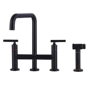 Double Handle Deck Mount Bridge Kitchen Faucet with Side Sprayer in Oil Rubbed Bronze