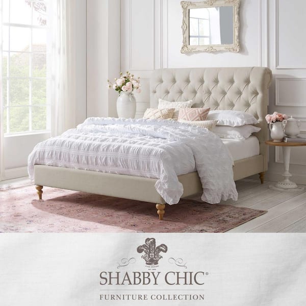 Shabby Chic Xiomara Beige Bed Rolled, Rolled Upholstered Headboard
