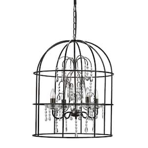 4-Light Black Birdcage Chandelier with Glass Crystals