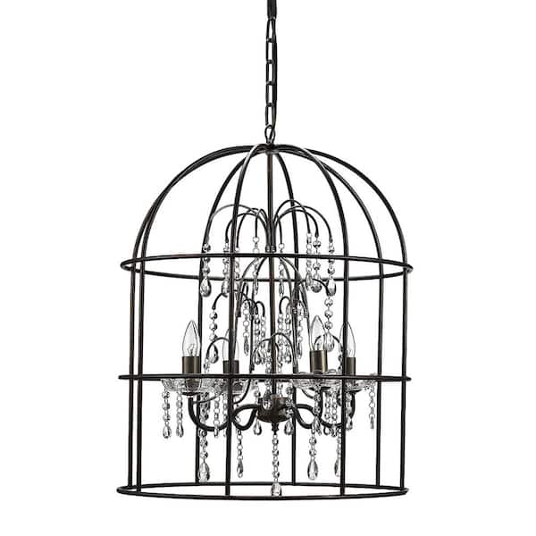 Storied Home 4-Light Black Birdcage Chandelier with Glass Crystals