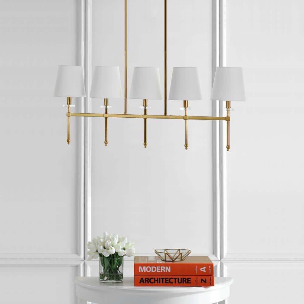 Sophie Classic 38.5" Brass Gold Linear LED Pendant with Ivory Linen Shades