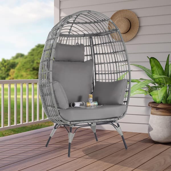 SANSTAR Oversized Outdoor Gray Rattan Egg Chair Patio Chaise Lounge Indoor Living Room Basket Chair with Light Gray Cushion