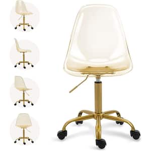 Modern Armless Champagne Gold Molded Acrylic Height Adjustable Rolling Chair with Golden MetalSwivel Legs