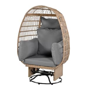 Outdoor Swivel Chair Rattan Egg Patio Chair with Rocking Function (Brown Wicker + Gray Cushion)