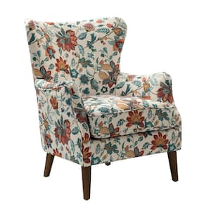 Leonhard Red Floral Fabric Pattern Wingback Design Armchair with English Arms