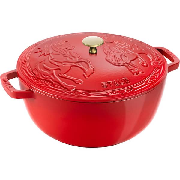 Cast Iron Essential French Oven, Dutch Oven, 5 qt., serves 5-6, Made in France, with Horse Lid - Cherry