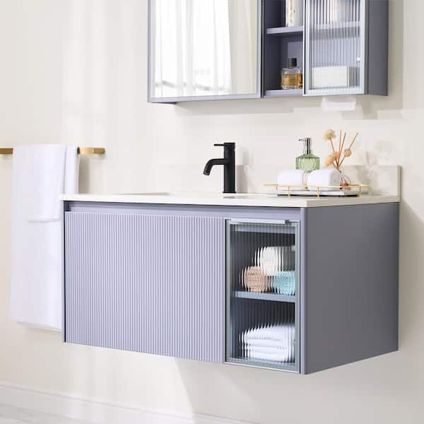 40 in.W x 22 in.D x 20 in.H Solid Wood Wall Bath Vanity in Lavender with White Quartz Top,Soft-Close Drawers,Single Sink