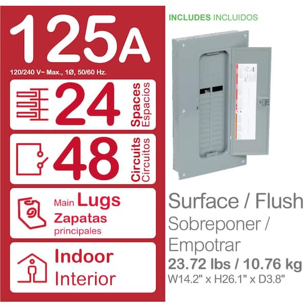 Homeline 125 Amp 24-Space 48-Circuit Indoor Main Lug Plug-On Neutral Load Center with Cover, Ground Bar