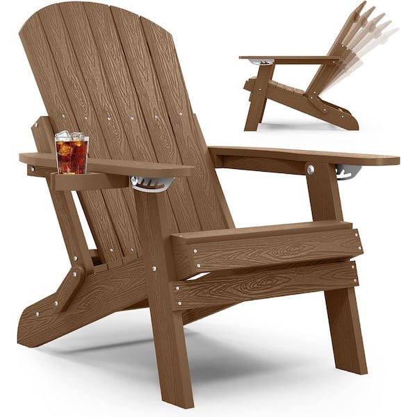 Mximu Classic Teak Folding Plastic Adirondack Chair Outdoor Patio Fire Pit Chair with Cup Holder