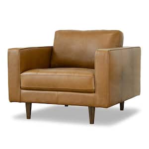 Jax Tan Genuine Leather Upholstered Tufted Pillow Back Mid-Century Armchair