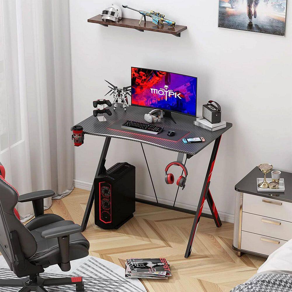31-Inch Black Carbon Fiber Gaming Desk with Cup Holder and Headphone Hook