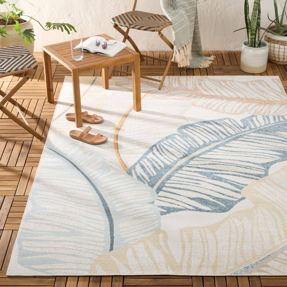 Ivory and Multicolor Synthetic Palm Fronds Indoor/Outdoor Rug