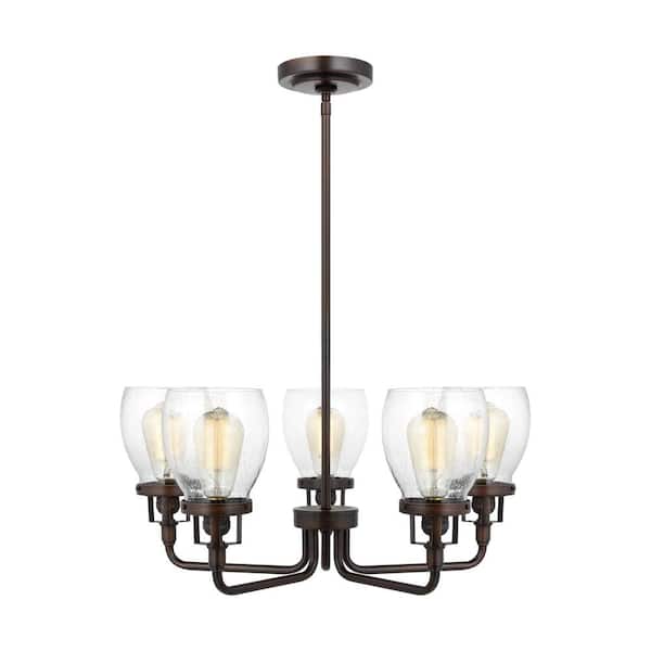 Generation Lighting Belton 5-Light Bronze Transitional Industrial Hanging Chandelier with Clear Seeded Glass Shades