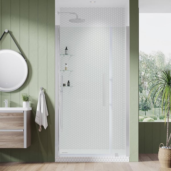 OVE Decors Pasadena 41-3/8 in. W x 72 in. H Pivot Frameless Shower Door in Chrome with Shelves