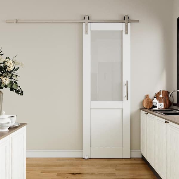 28 in. x 80 in. 1/2-Lite Tempered Frosted Glass White Primed MDF Sliding Barn Door with Hardware Kit Nickel Plat