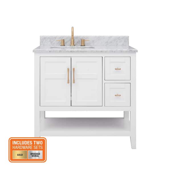 Sturgess 37 in. Single Sink White Bath Vanity with White Carrara Marble Top (Assembled)