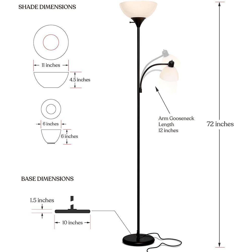 Classic Black Adjustable LED Torchiere Floor Lamp with 3-Way Switch
