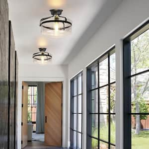 12 in. 1-Light Black Industrial Drum Semi Flush Mount Ceiling Light with Clear Glass Shade for Hallway Porch