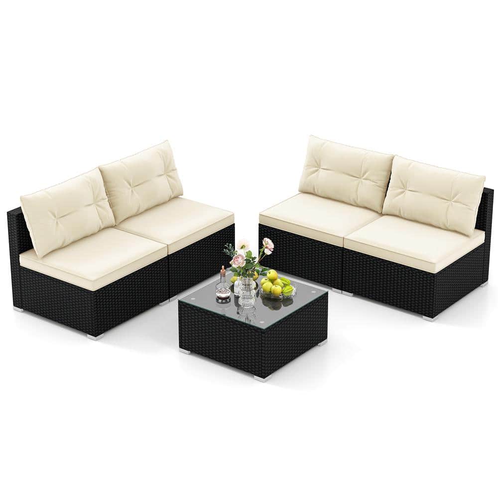 5-Piece Wicker Patio Furniture Set Sectional Seating Set with White Cushions and Tempered Glass Coffee Table price history on PriceWatchPro