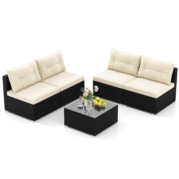 HONEY JOY 5-Piece Wicker Patio Furniture Set Sectional Seating Set with White Cushions and Tempered Glass Coffee Table
