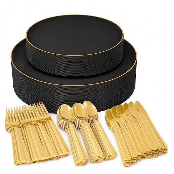 150-Piece Black Disposable Plastic Dinnerware Set (Service for 30) with Dinner Plate, Dessert Plate, Gold Cutlery Set