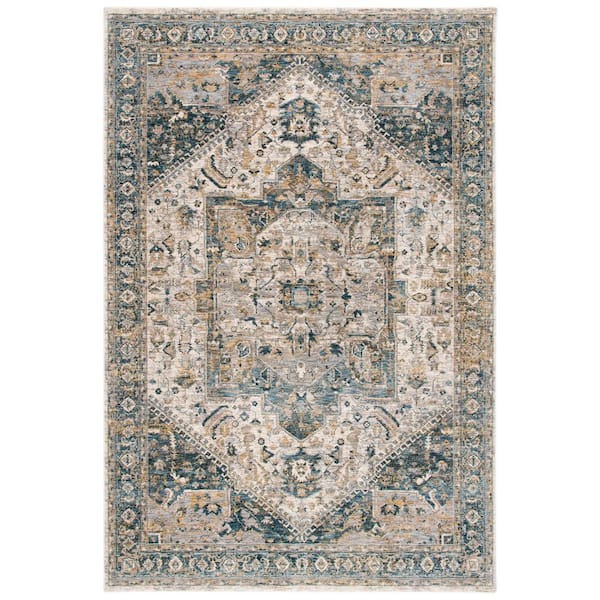 Valencia 8 ft. x 10 ft. Ivory/Blue Distressed Medallion Border Area Rug