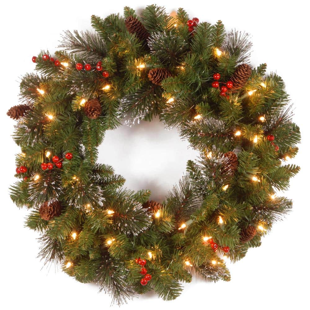 24" Prelit LED Crestwood Spruce Christmas Wreath with Pine Cones
