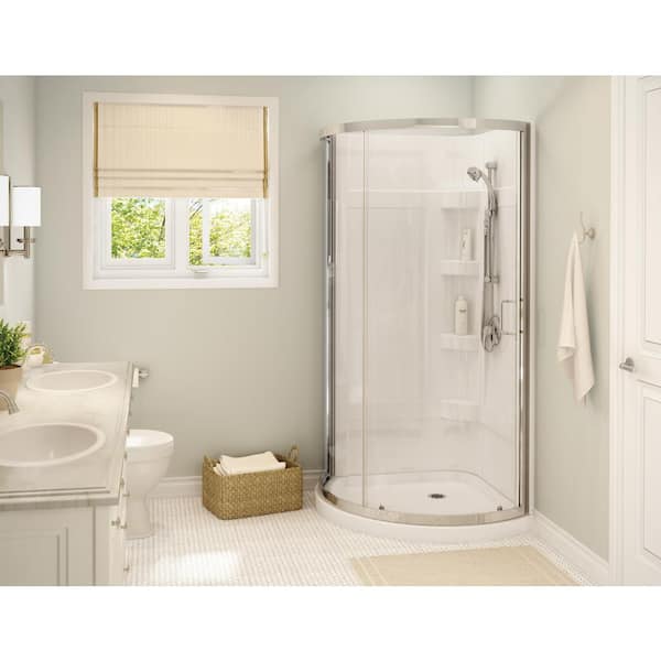 Cyrene 34 in.x 76 in. Off-Center Corner Shower Kit w/Semi-Frameless Clear Sliding Door Base and Wall Kit in White,Chrome