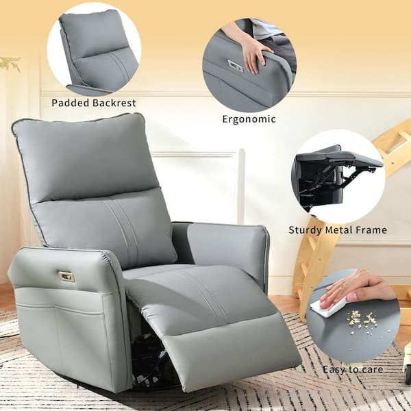 Merax Blue Gray Faux Leather Rocking Swivel Recliner Chair with