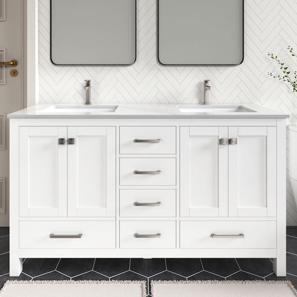 HOMEVY STUDIO Anneliese 60 in. W x 21 in. D x 35 in. H Double Sink Freestanding Bath Vanity in Matte White with White Quartz Top
