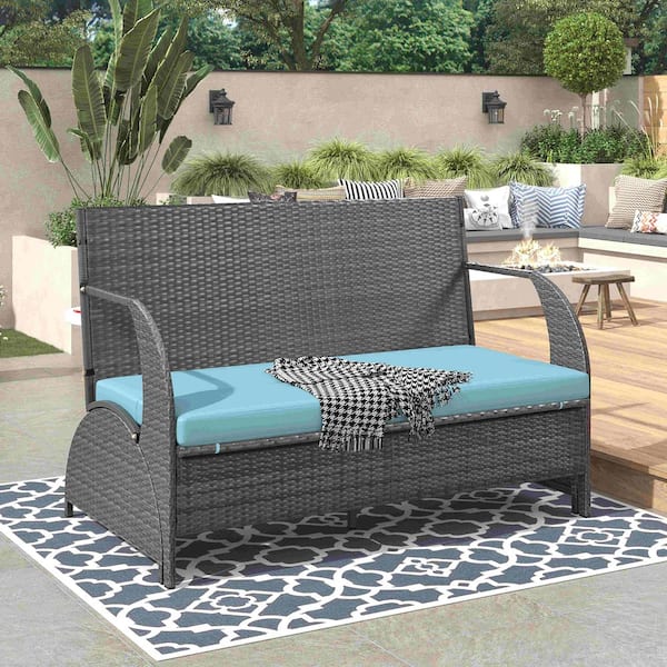 1-Piece Metal Outdoor Loveseat Bench with Table for Gardens and Lawns, Blue Cushions