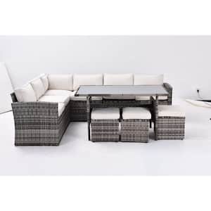 Gray 7-Piece All Weather PE Wicker Outdoor Sectional Conversation Set with Steel Frame, Removable Beige Cushions