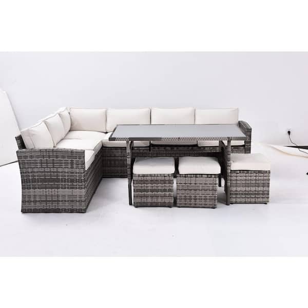Zeus & Ruta Gray 7-Piece All Weather PE Wicker Outdoor Sectional Conversation Set with Steel Frame, Removable Beige Cushions