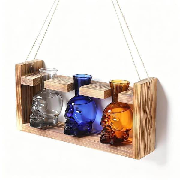 Glass Plant Terrarium Propagation Stations with Wooden Stand, Hydroponics Halloween Skull Planter Vase