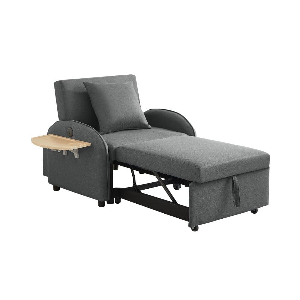 34 in. Dark Gray Linen Twin Size Convertible Sofa Bed with Adjustable Backrest, USB Port & Foldable Table