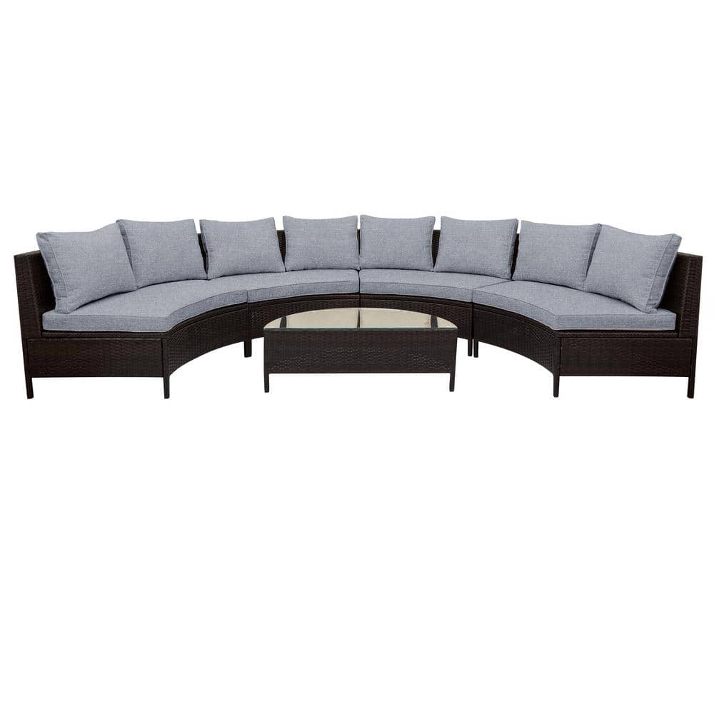 Brown 5-Piece All-Weather Rattan Wicker Outdoor Sectional Sofa Half-Moon So