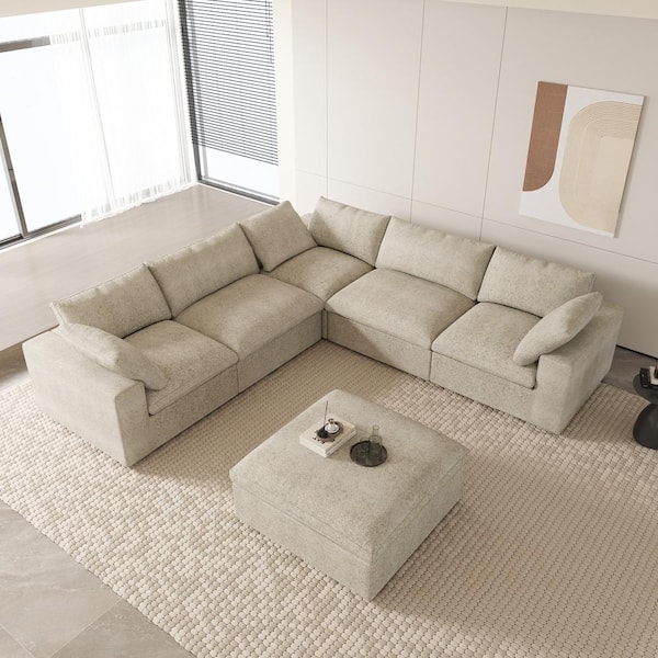 J&E Home 120.45 in. W Square Arm Linen 6-Piece Modular Free Combination Sofa with Storage Ottoman in Brown