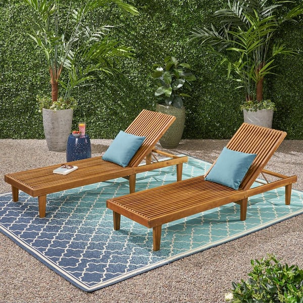 Noble House Nadine Teak Brown 2-Piece Wood Outdoor Patio Chaise Lounges