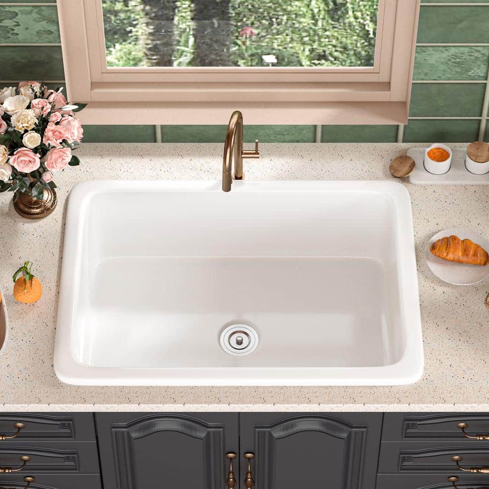 White Fireclay 27" Single Bowl Drop-In Kitchen Sink