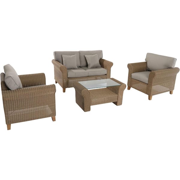 Hanover Sea Breeze 4-Piece All-Weather Wicker Patio Conversation Set with Gray Cushions