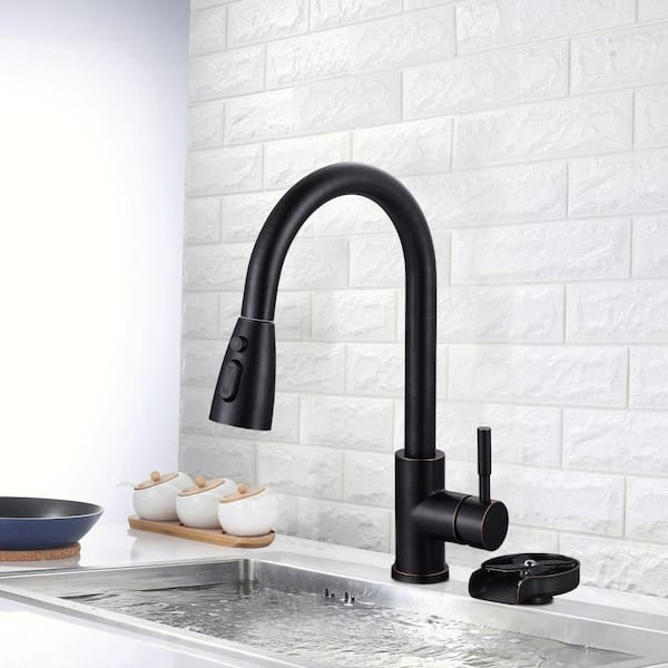 15.6 in. H Single Handle Pull-Down Sprayer Kitchen Faucet with 360° Spout Swivel 3-Mode Spray and Glass Rinser in Bronze