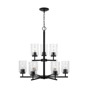 Oslo 9-Light Midnight Black Indoor Dimmable Chandelier with Clear Seeded Glass Shades