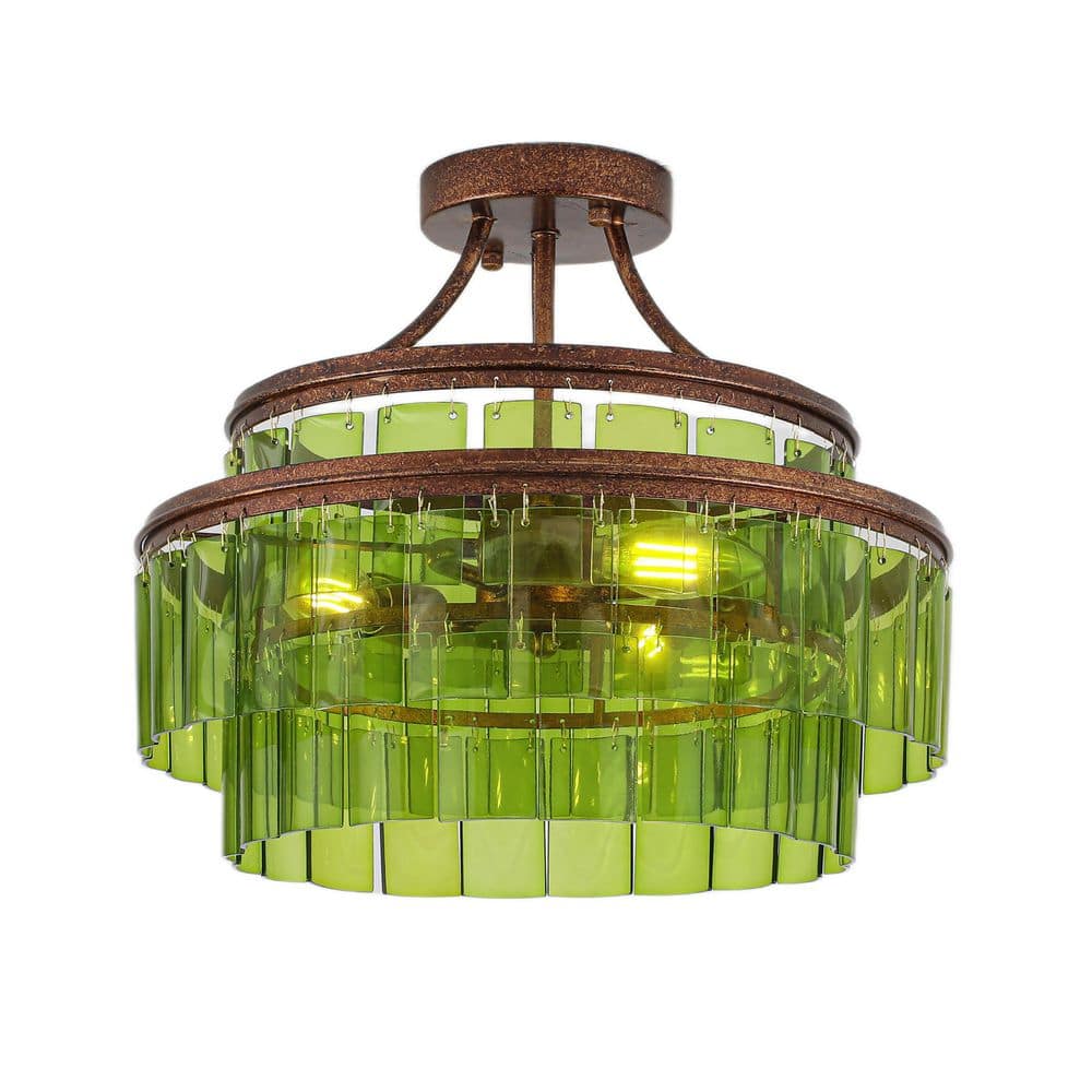 Blanche 23.6 in. 3-Light Vintage Drum Antique Brown Finish Green Glass Semi-Flush Mount Ceiling Light for Dining Room price history on PriceWatchPro