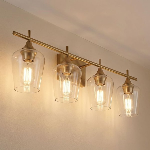Octave 28.75 in. W x 9 in. H 4-Light Warm Brass Bathroom Vanity Light with Clear Glass Shades