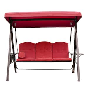 3-Seat Steel Outdoor Patio Porch Swing Chair in Red