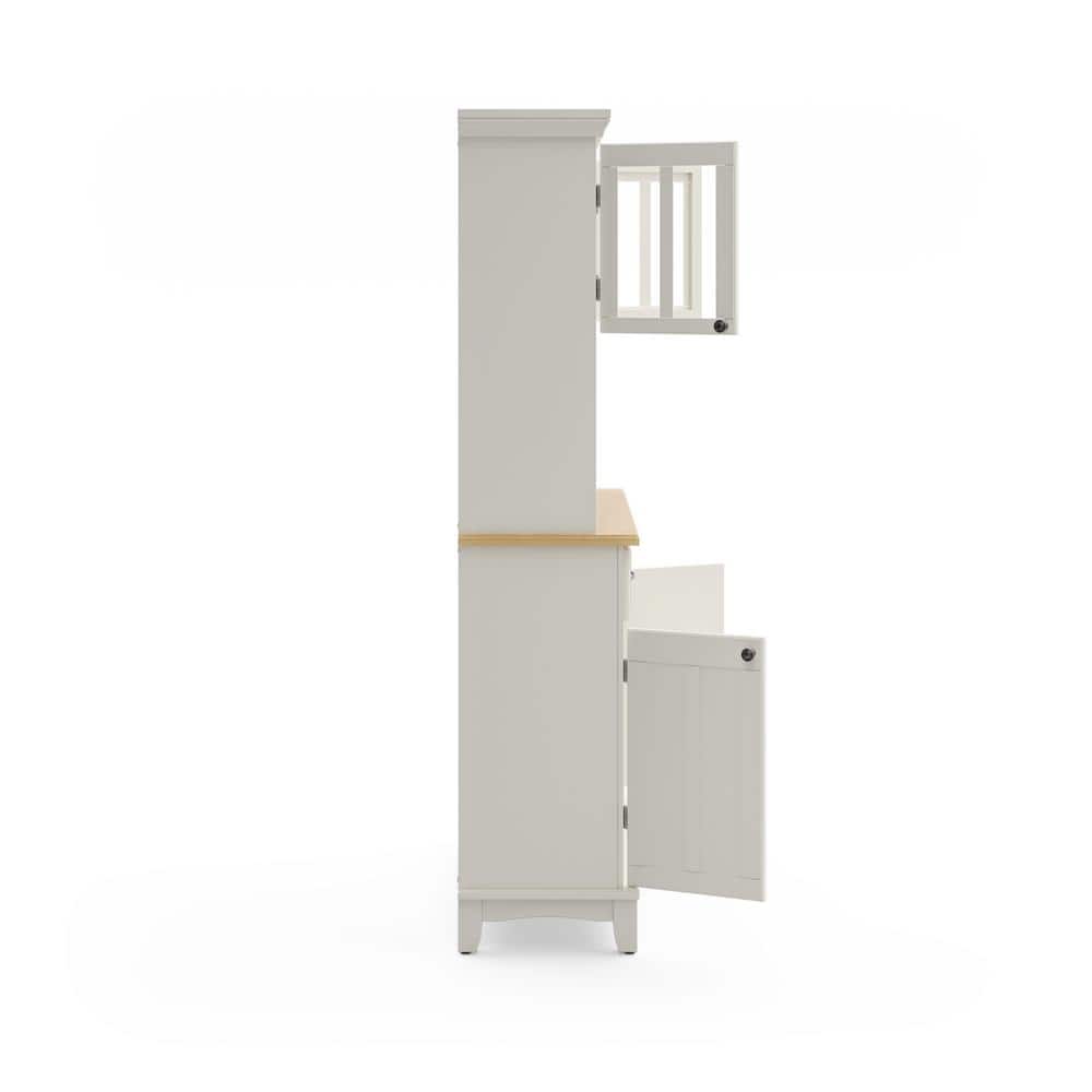 Off White China Cabinet with Natural Wood Top